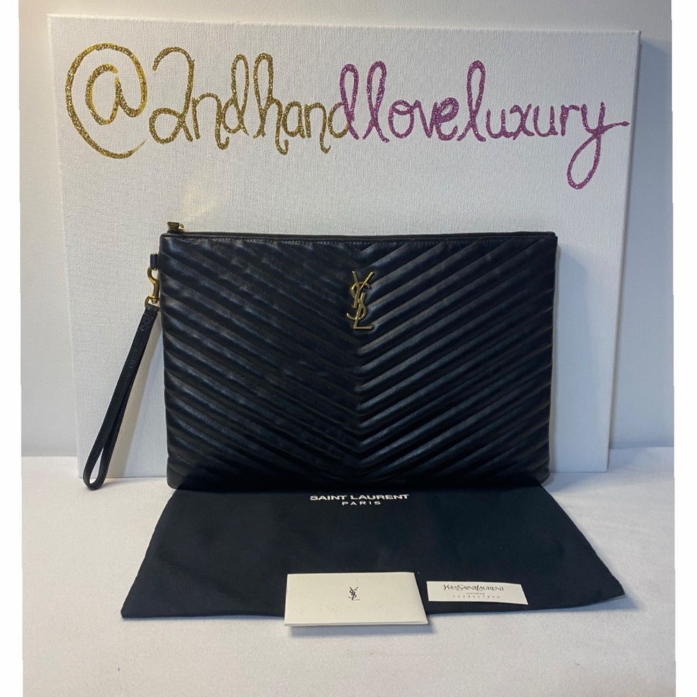 Saint Laurent Black Chevron Pouch with wrist Authentic